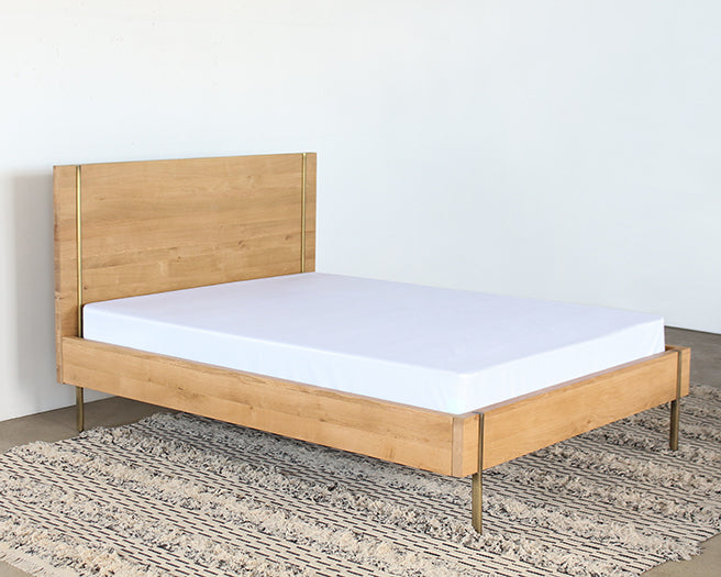Danish Modern Natural Oak Queen Bed With Brass Legs