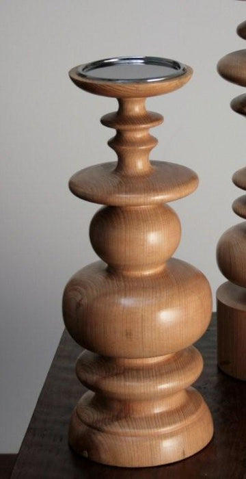 Medium Sculpted Blonde Wood Pillar Candle Holder