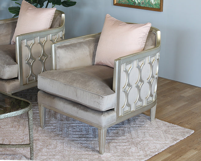 Silver Leaf Exposed Wood Club Chair w/ Mushroom Velvet Upholstery