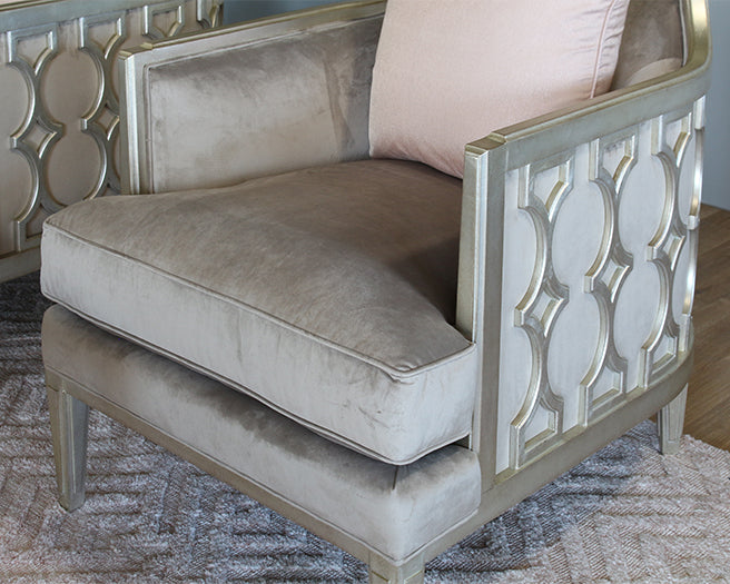 Silver Leaf Exposed Wood Club Chair w/ Mushroom Velvet Upholstery