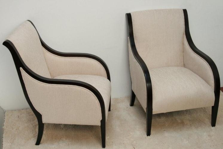 Curved Dark Wood Club Chair with Oyster Upholstery