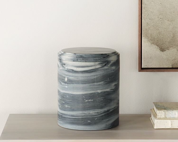 Tall Round Black Marble Box w/ Stepped Lid - Cleared
