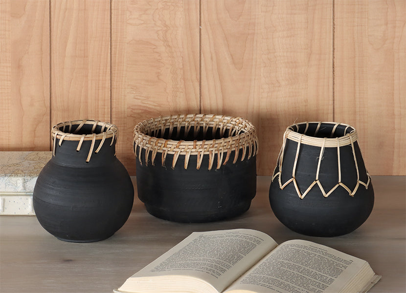 Charcoal Terracotta Jars w/Rattan Piping Set of 3 - Cleared