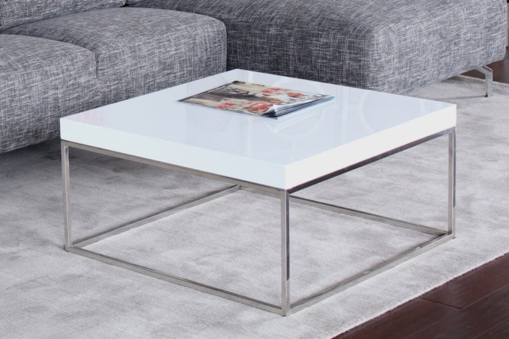 High Gloss White and Stainless Steel Square Coffee Table