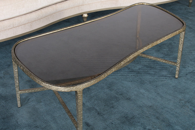 Gold Contoured Coffee Table With Tinted Glass Top