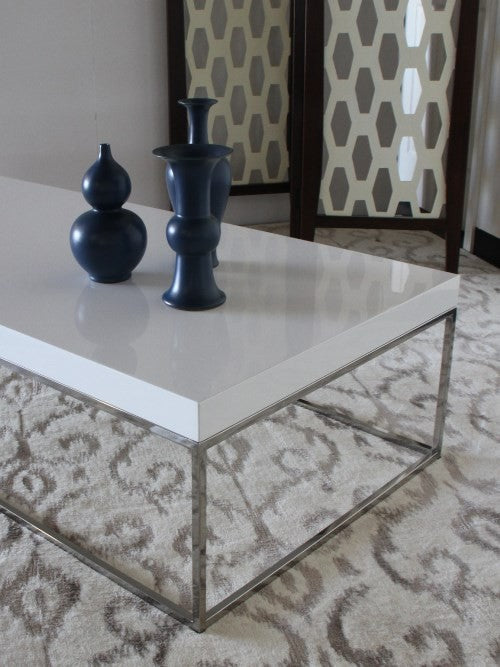 High Gloss White and Stainless Steel Rectangular Coffee Table