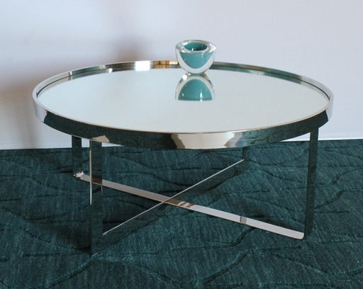 Large Round Chrome Coffee Table with Mirror Top