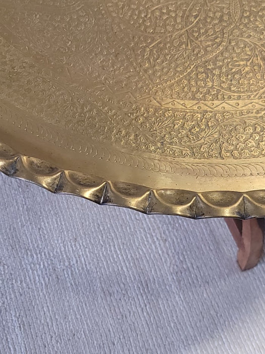 Moroccan Round Brass Tray Table With Wood Stand
