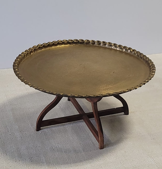 Moroccan Round Brass Tray Table With Wood Stand