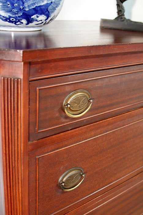 Sabre Leg Three Drawer Ribbon Mahogany Dresser circa 1940s