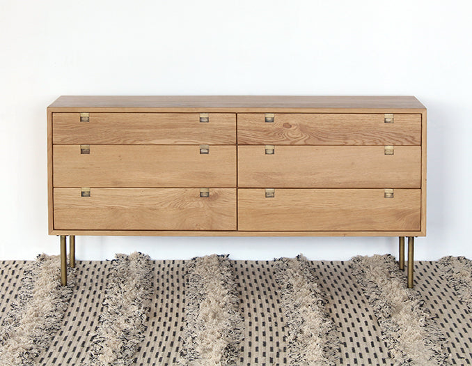 Danish Modern Natural Oak 6 Drawer Dresser With Brass
