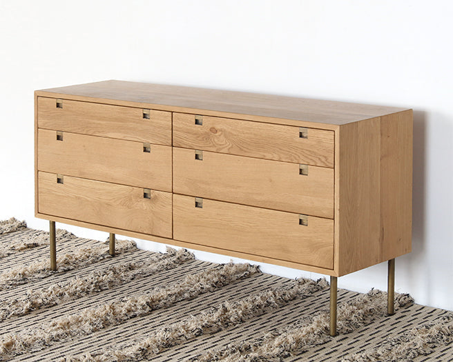 Danish Modern Natural Oak 6 Drawer Dresser With Brass