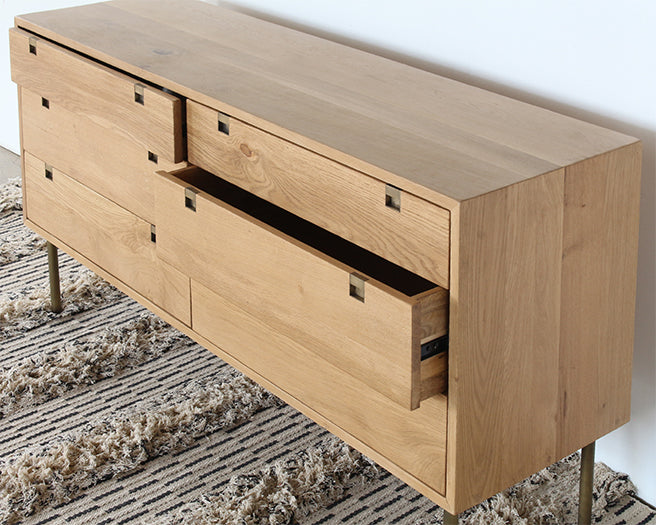 Danish Modern Natural Oak 6 Drawer Dresser With Brass