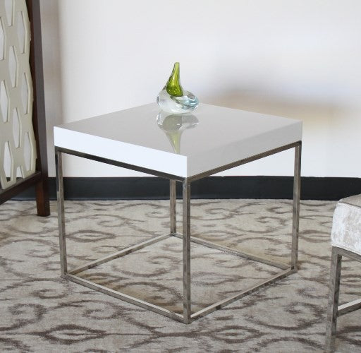 High Gloss White and Stainless Steel Base End Table
