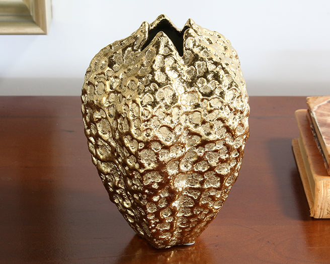 Tall Hammered Gold Pinched Vase - Cleared Decor