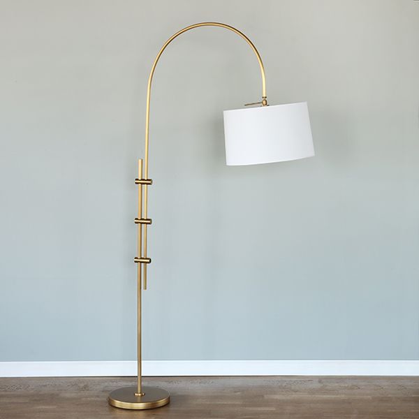 Natural Brass Arc Floor Lamp with Fabric Shade