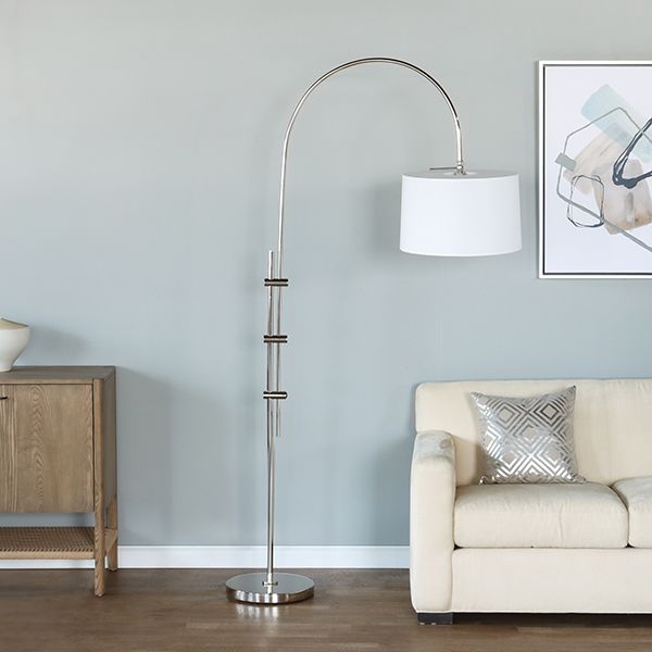 Polished Nickel Arc Floor Lamp With Fabric Shade