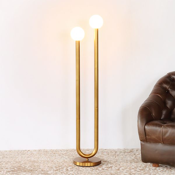 Two Armed Tubular Brass Floor Lamp w/Round Base