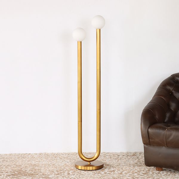 Two Armed Tubular Brass Floor Lamp w/Round Base