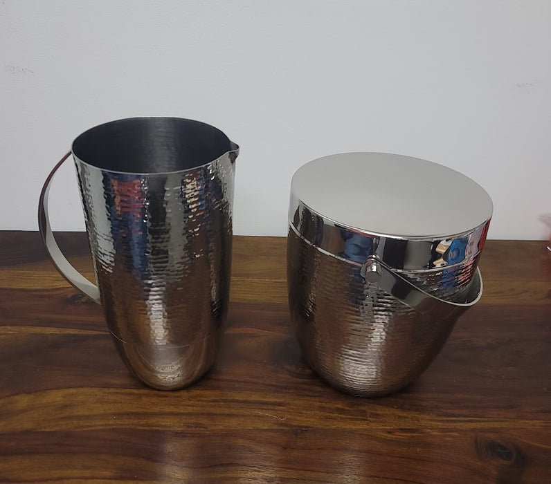 Silver Hammered Ice Bucket And Pitcher Set