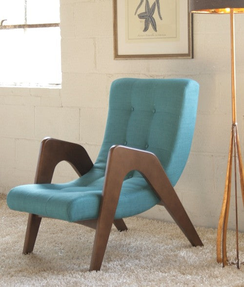 Aqua Tufted Lounge Chair with Walnut Frame