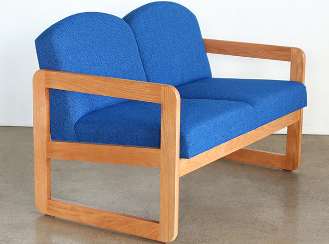 Natural Oak Loveseat in Blue Upholstery