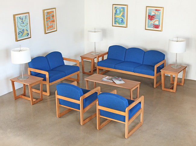Natural Oak Loveseat in Blue Upholstery