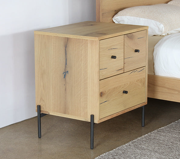 Light Oak Three Drawer Nightstand With Gunmetal HW