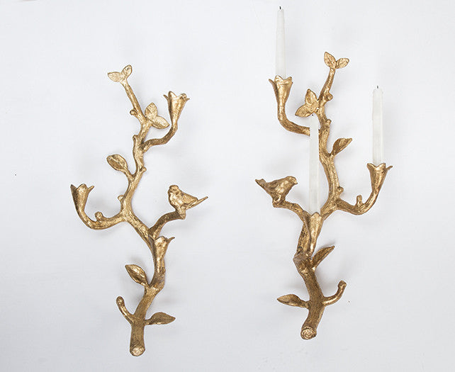 Pair of Brass Branch and Bird 3-Candle Sconce