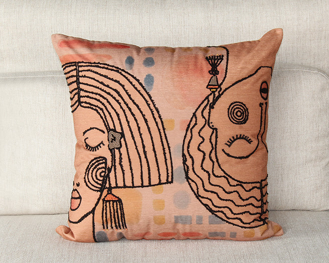 Terracotta And Multi Abstract Face Pillow