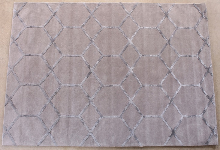 8' x 11' Taupe and Steel Gray Hand-tufted WoolSilk Grid Rug