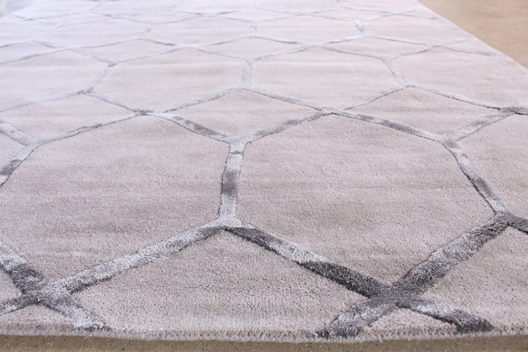 8' x 11' Taupe and Steel Gray Hand-tufted WoolSilk Grid Rug