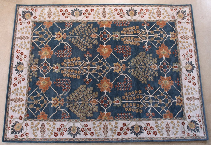 9' x 12' Traditional Indian Indigo and Dark Ivory Hand-tufted Wool Rug