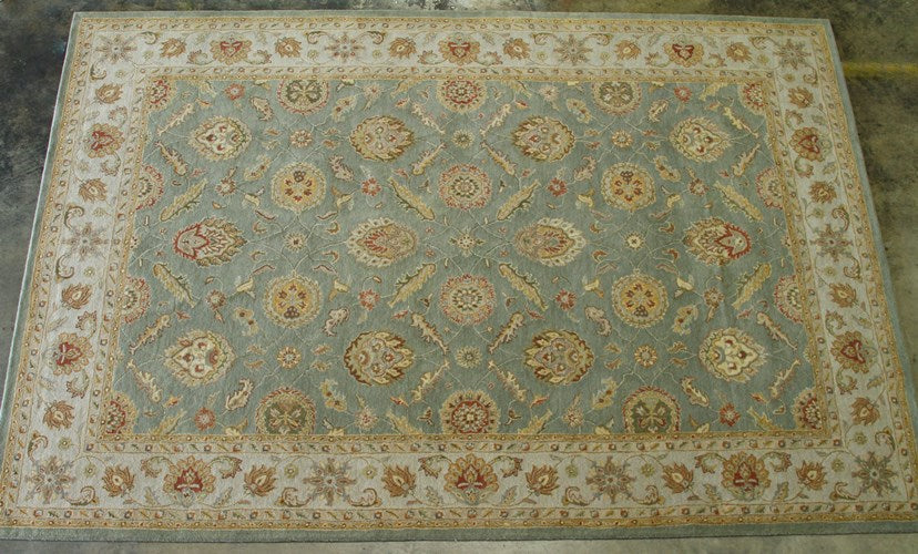 10' x 14' Traditional Indian Sea Green and Light Gold Hand-tufted Wool Rug