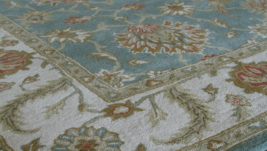 10' x 14' Traditional Indian Blue and Antique White Hand-tufted Wool Rug