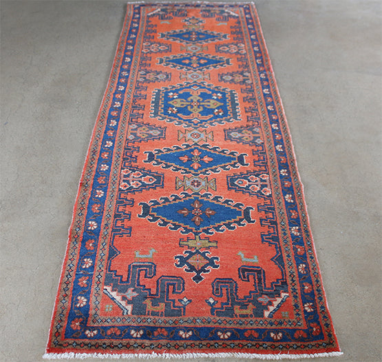 3'6" x 10'7" Brick Red and Blue Azerbaijani Persian Runner Circa 1970