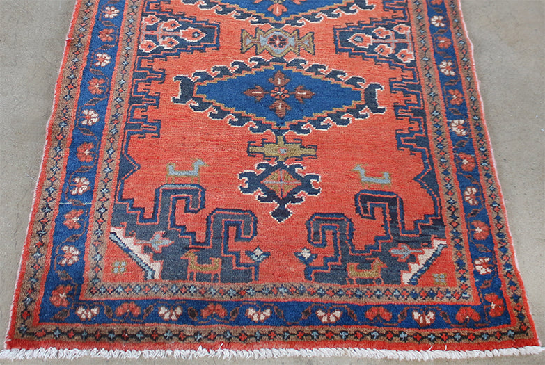 3'6" x 10'7" Brick Red and Blue Azerbaijani Persian Runner Circa 1970