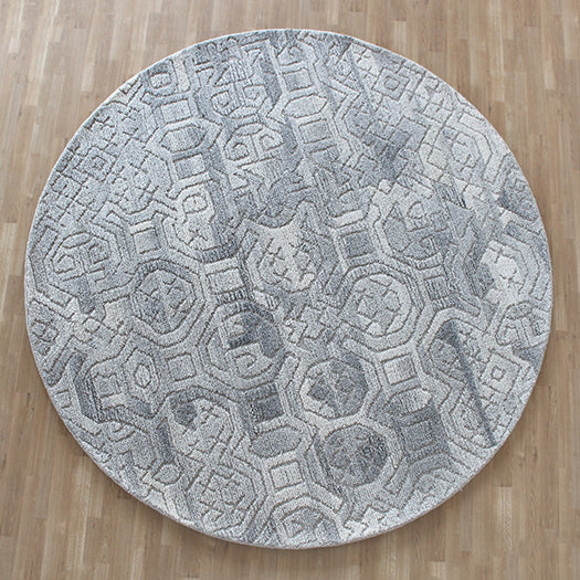8' Round Grey Neutral Geometric Rug