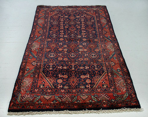 3'7" x 6'8" Antique Hossainabad Style Navy & Red Persian Rug