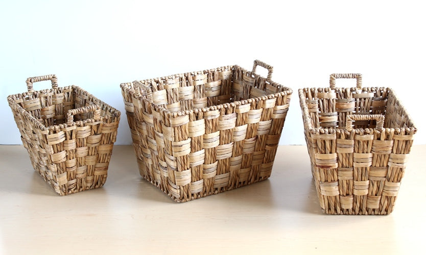 Set of 3 Square Woven Grass Laundry Baskets
