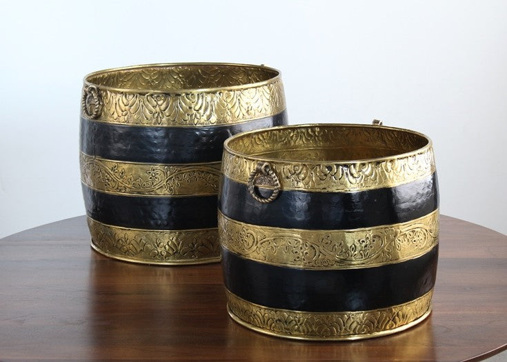 Set of 2 Antique Brass and Black Moroccan Planters