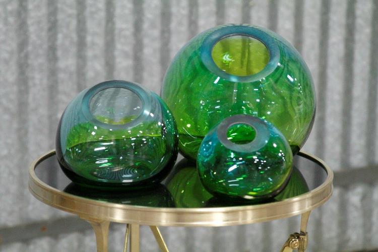 Set of 3 Aqua and Green Ball Vases