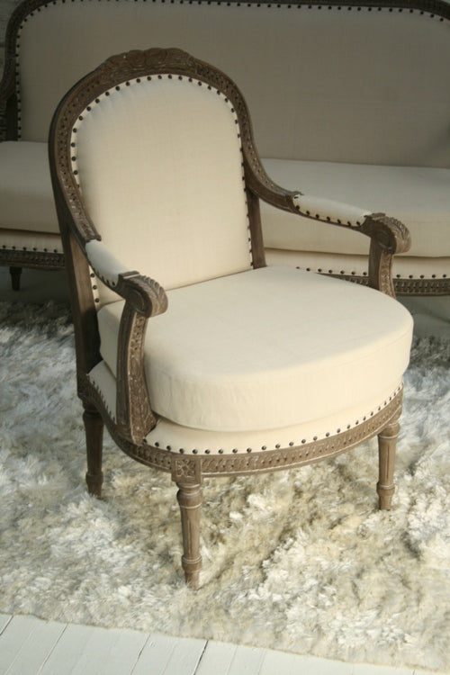 Louis Parlor Style Cream Linen Arm Chair with Nailhead Trim