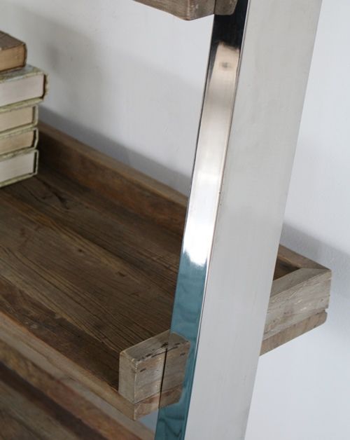Reclaimed Wood and Stainless Steel Leaning Bookcase