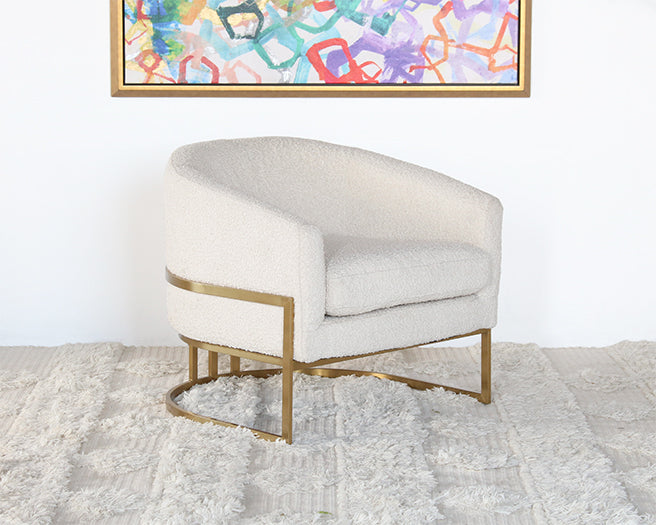 Barrel Back Cream Boucle Club Chair With Satin Brass
