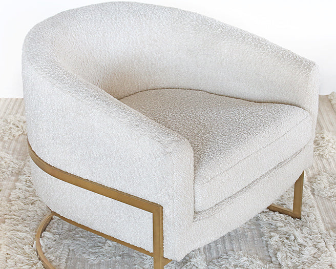 Barrel Back Cream Boucle Club Chair With Satin Brass