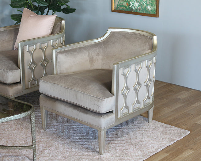 Silver Leaf Exposed Wood Club Chair w/ Mushroom Velvet Upholstery