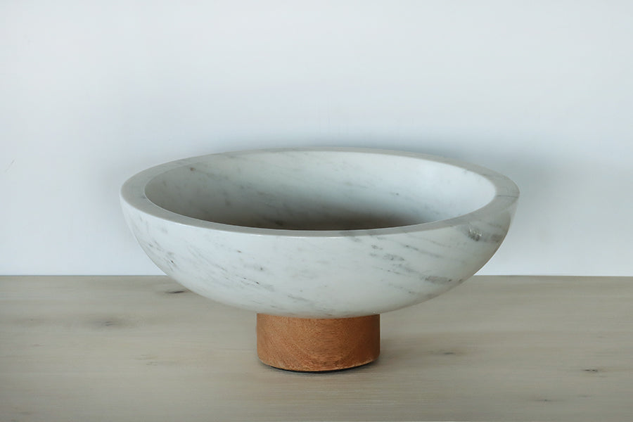 White Marble Bowl on Auburn Pedestal Base - Cleared