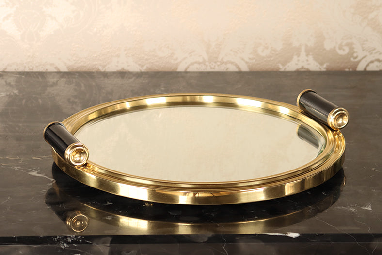 Brass Round Beveled Mirror Tray - Cleared