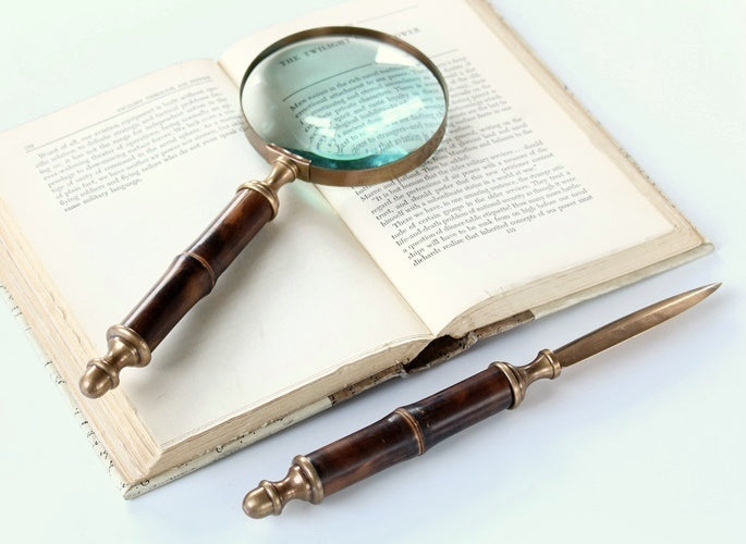 Antique Brass and Bamboo Magnifying Glass & Letter Opener Set